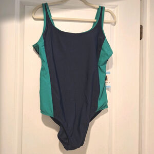 NWT Lands End Womens Large One-Piece Swimsuit Fully Lined Scoop Neck Navy Teal